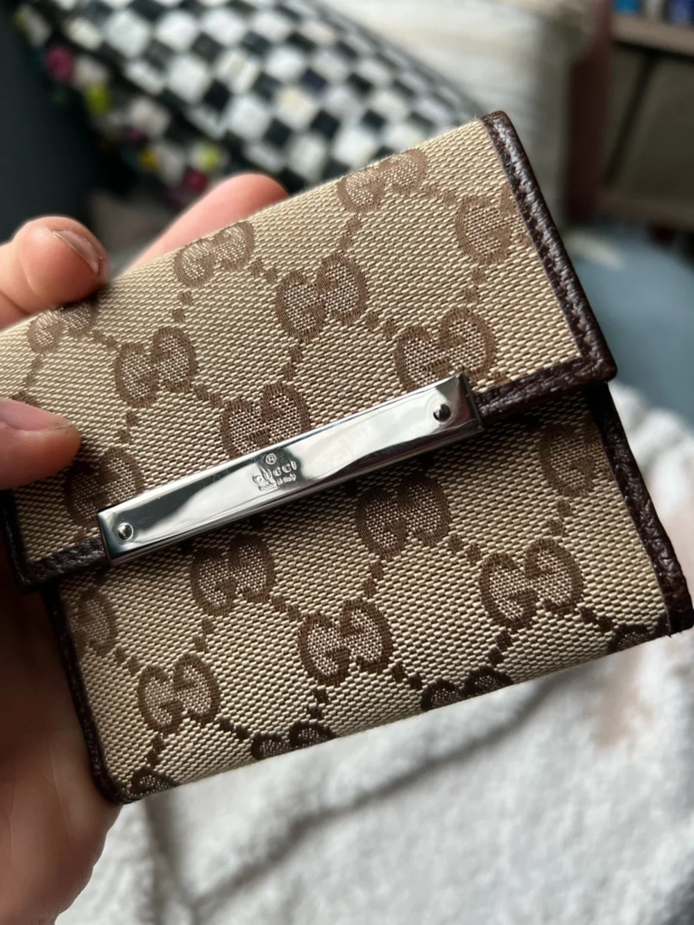 Gucci Beige and Brown GG Canvas Compact Wallet with Metal Plaque - Picture 7 of 11